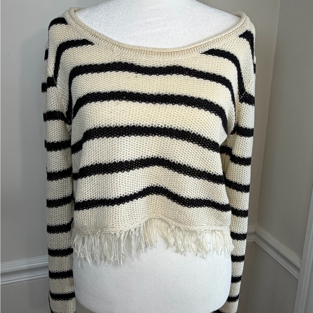 Lulus Fringe Black & Cream Striped Loose knit Sweater Flowy Boxy Fit Womans Sm